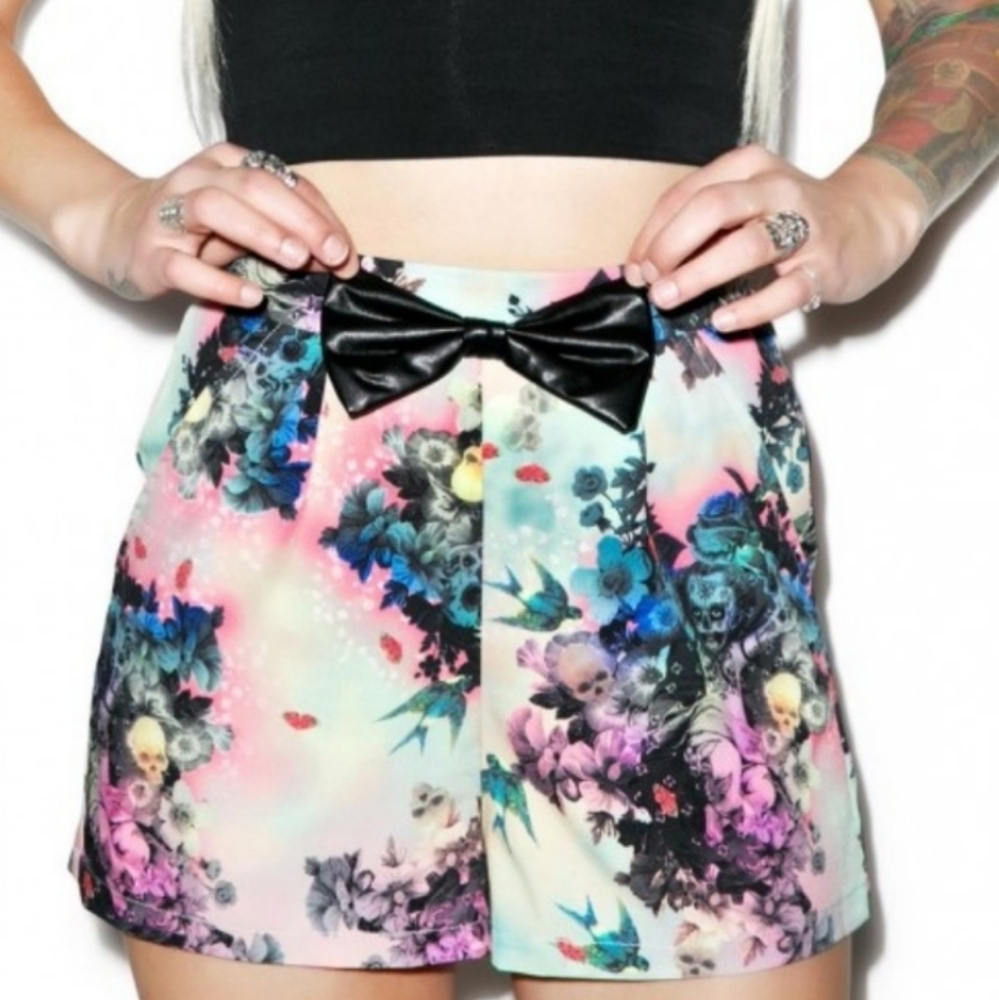 Iron Fist Pastel Floral Skull Bow Accent Women's Shorts - Picture 2 of 7